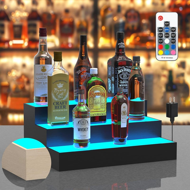 upcessory LED Lighted Liquor Bottle Display Shelf, 3 Tier 16 Inch Alcohol Whiskey Wood Rack Stand Tray for Home Bar Living Room Accessories and Decor, Bourbon Shelf for 12 Bottles - Image 1
